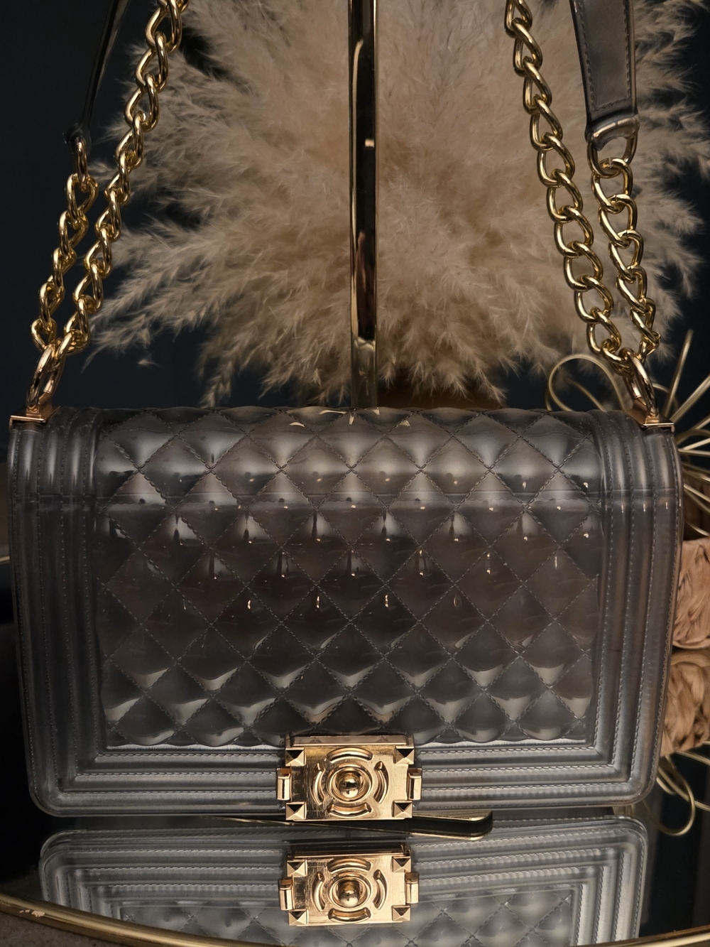 Smoky Transparent Quilted Jelly Chain Bag | Luxe Glam Statement Purse - Picture 11 of 17